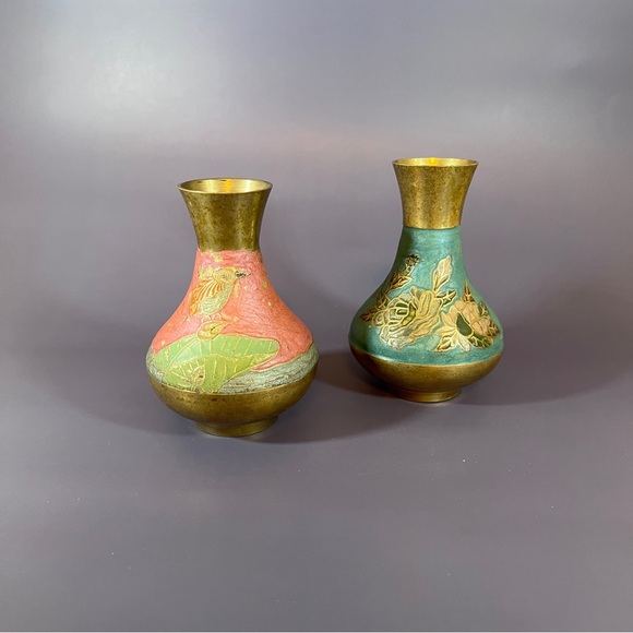 Set Of 2 Small Vintage Indian Brass Cloisonne Vases - Picture 2 of 10